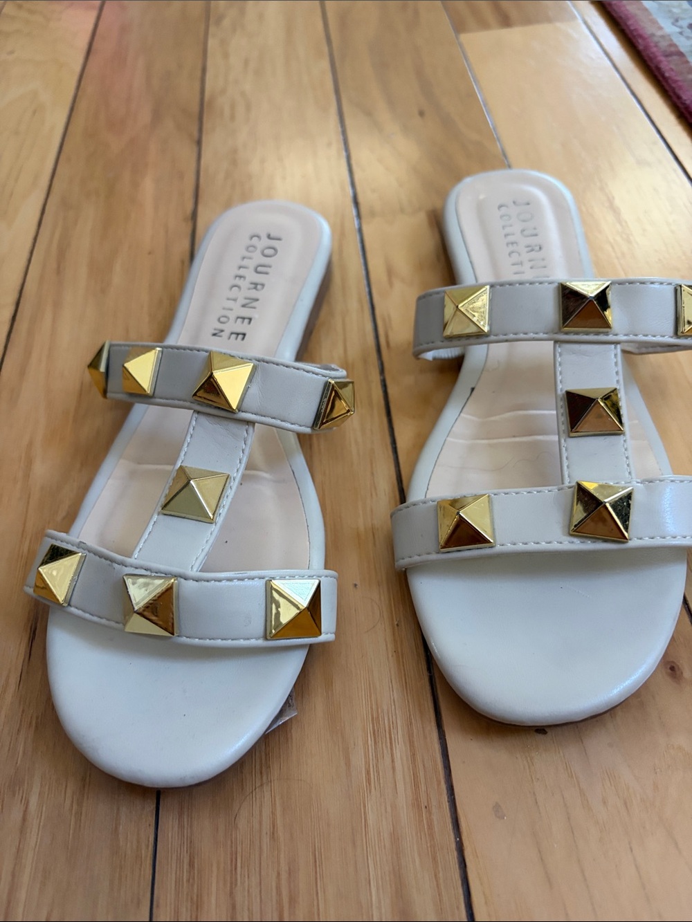 Journee Collection White Slide Sandals with Gold Pyramid Studs